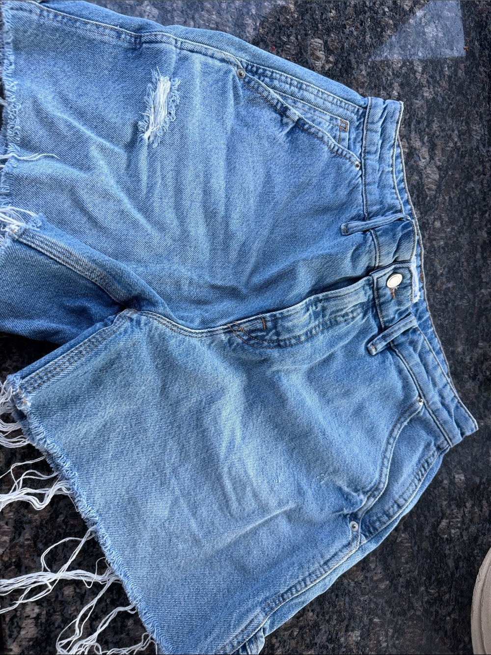 Good American Light Blue Distressed High-Rise Denim Shorts